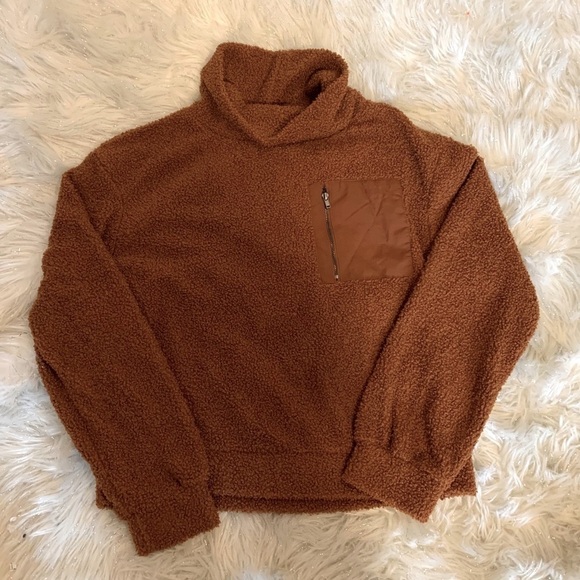 Wallflower Brown Boucle Sherpa Knit Funnel Neck Pullover Boxy Pullover Women S - Picture 5 of 10